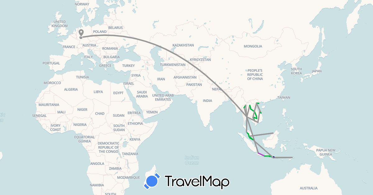 TravelMap itinerary: driving, bus, plane, train, boat in Brunei, Germany, Indonesia, Cambodia, Laos, Malaysia, Singapore, Thailand, East Timor, Vietnam (Asia, Europe)